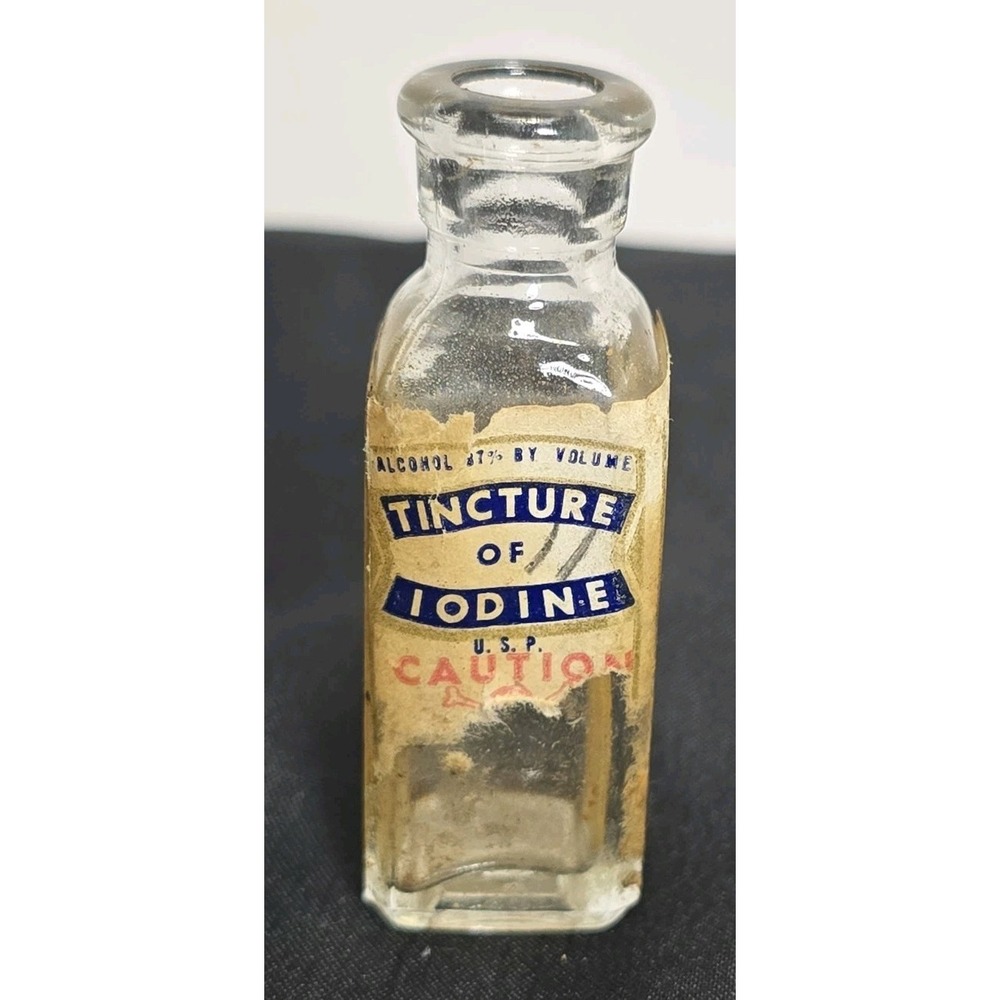 Vintage Clear Rectangular Glass Medicine Bottle Tincture Of Iodine Torn Label